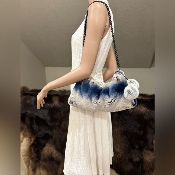 Gray Gradient Real Rex Rabbit Fur Soft Slouchy Bag/Crossbody & Fur Balls Charm - Picture 3 of 17